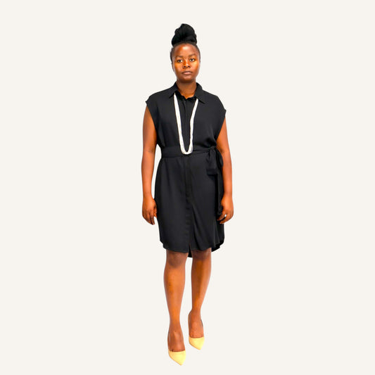 Black sleeveless shirt dress with invisible placket