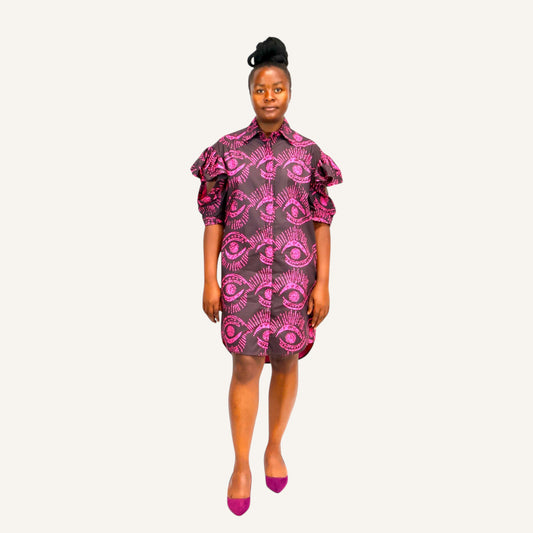 Pink eye print ruffled sleeve shirt dress with invisible placket