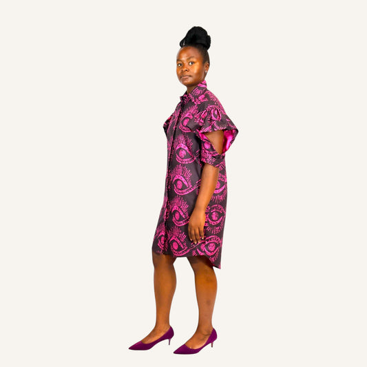 Pink eye print ruffled sleeve shirt dress with invisible placket