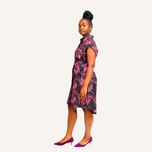 Black eye print short sleeved shirt dress with invisible placket