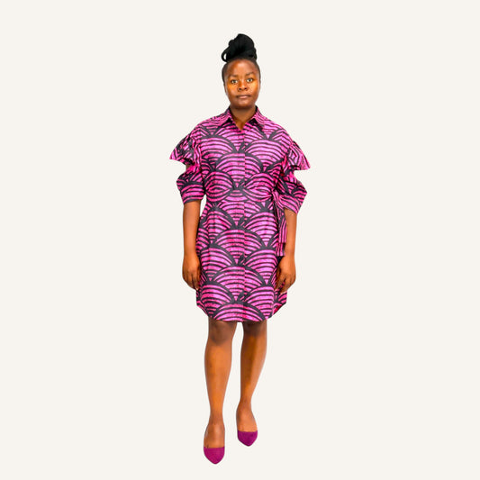 Pink scallop ruffled sleeve shirt dress with invisible placket