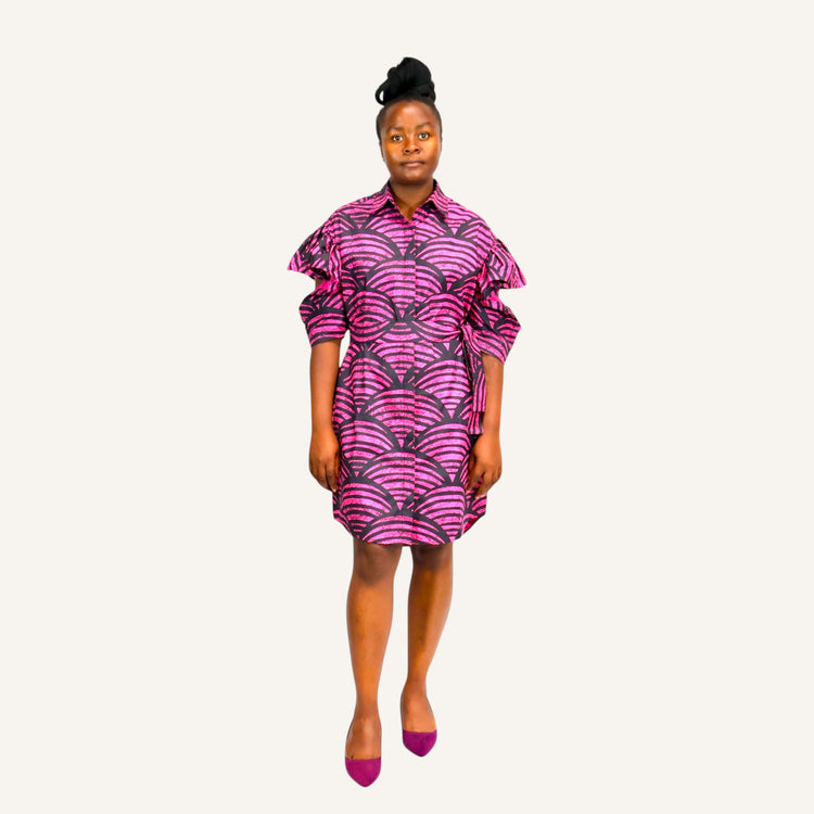 Pink scallop ruffled sleeve shirt dress with invisible placket