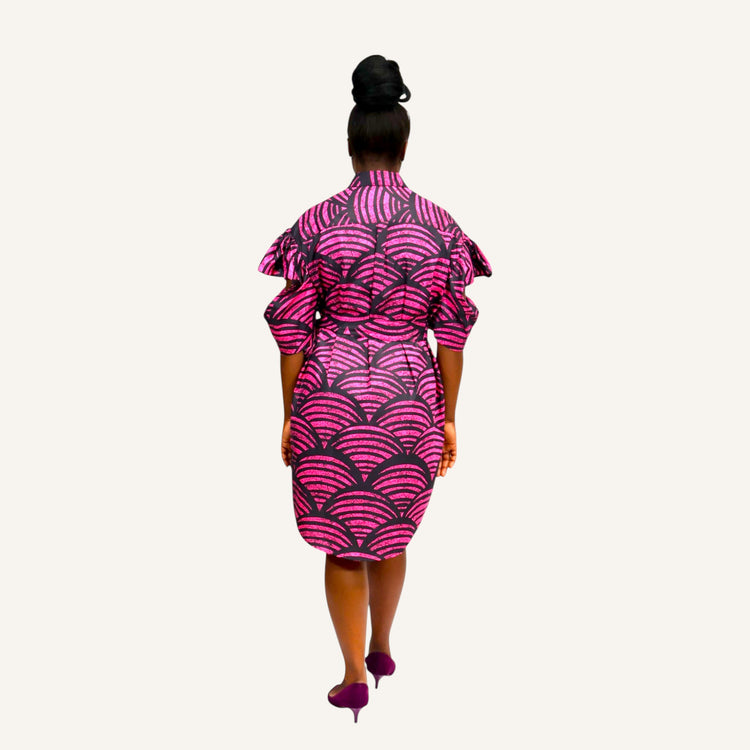 Pink scallop ruffled sleeve shirt dress with invisible placket