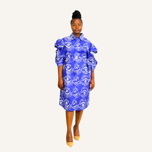 Blue eye print ruffled sleeve shirt dress with invisible placket