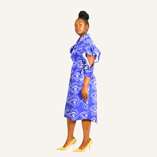 Blue eye print ruffled sleeve shirt dress with invisible placket