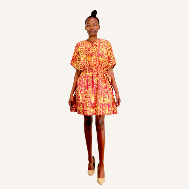 Red vert print mini kaftan with ties