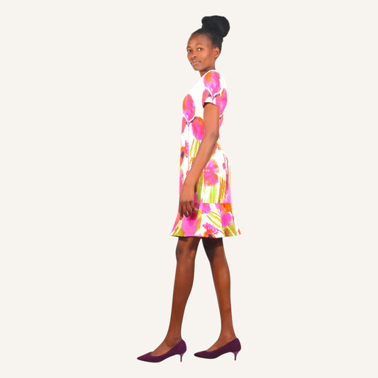 Off white floral round neck dress with a peplum
