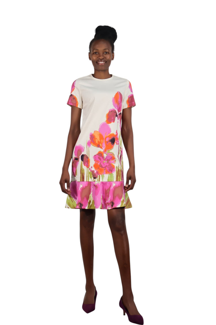 Off white floral round neck dress with a peplum