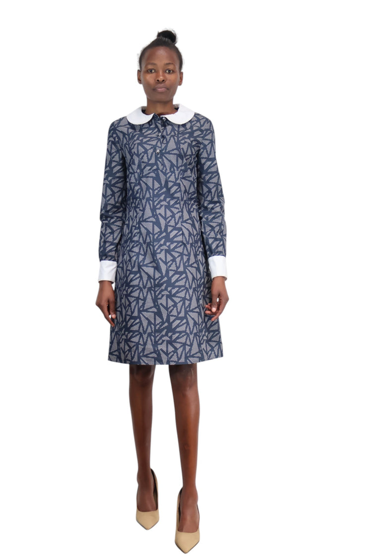 60's navy blue peterpen collar dress with white collar and cuff accents