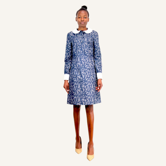 60's navy blue Peter pan collar dress with white collar and cuff accents