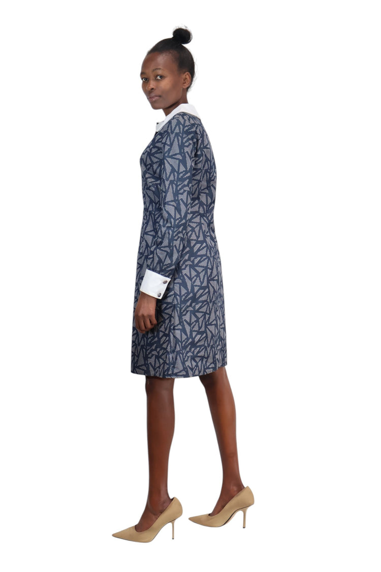 60's navy blue peterpen collar dress with white collar and cuff accents