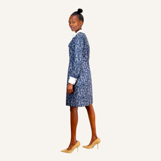 60's navy blue Peter pan collar dress with white collar and cuff accents
