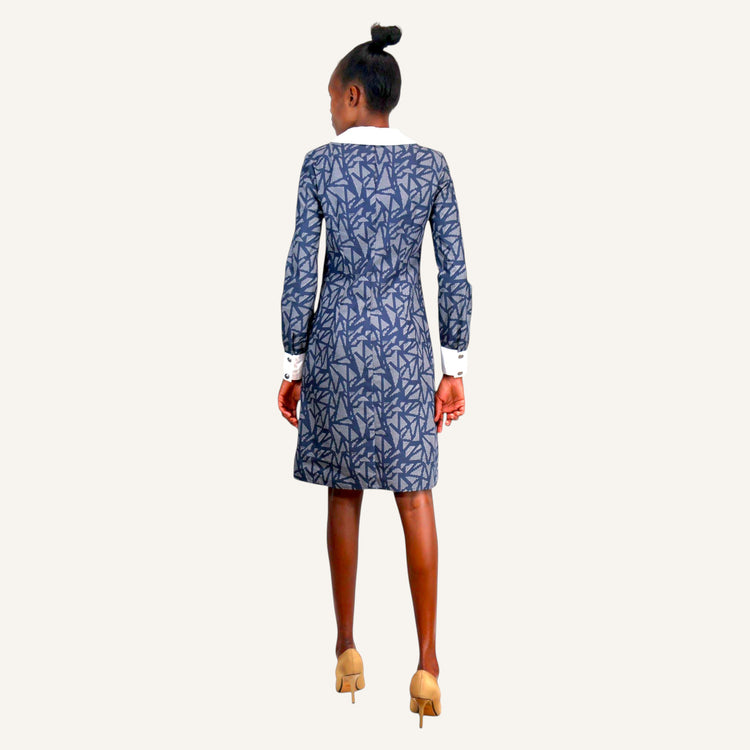 60's navy blue Peter pan collar dress with white collar and cuff accents