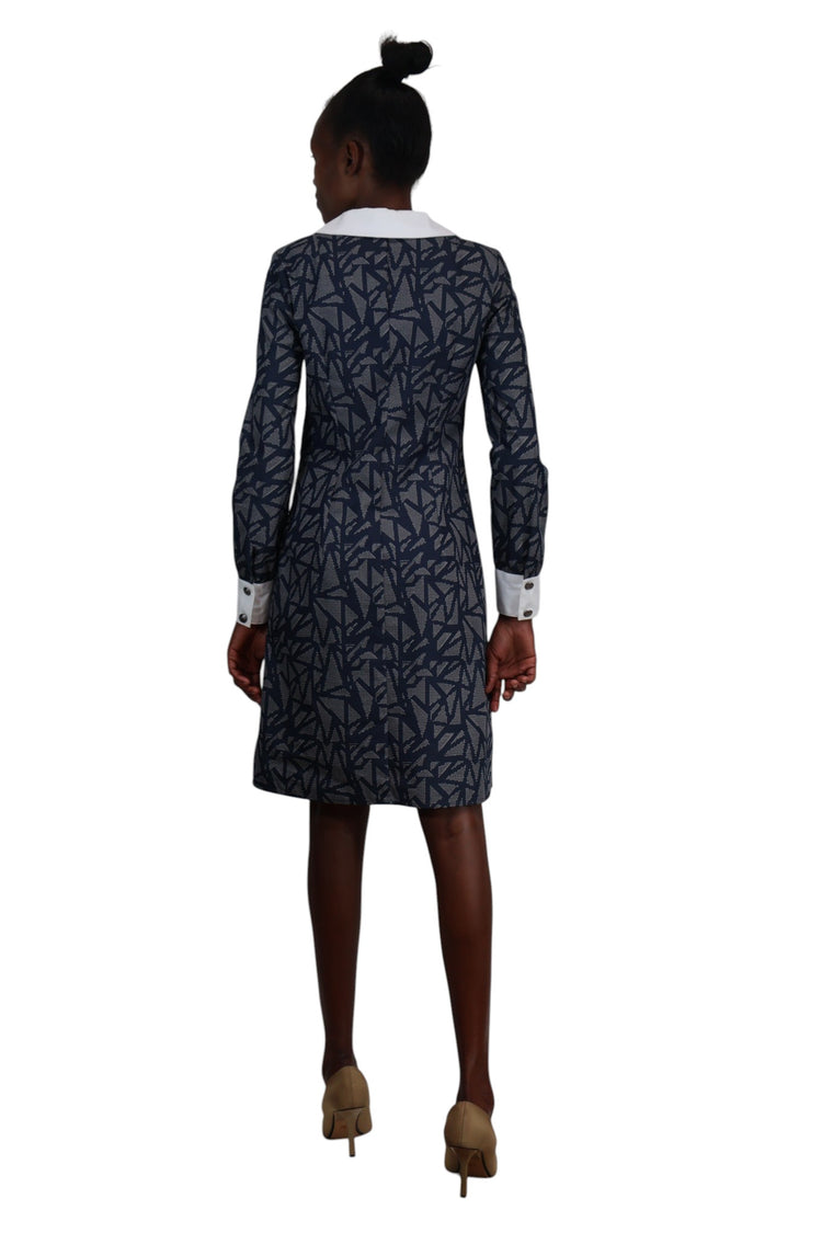 60's navy blue peterpen collar dress with white collar and cuff accents