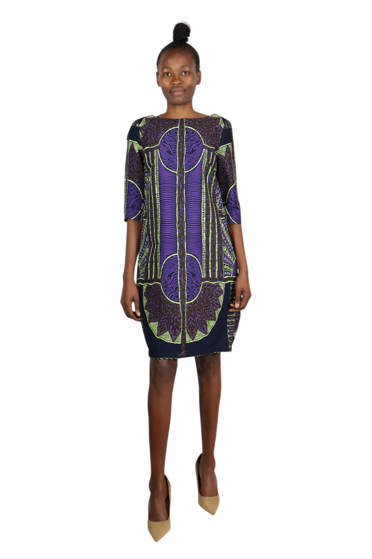 Pleated back dress with darts three quarter sleeves and square neckline