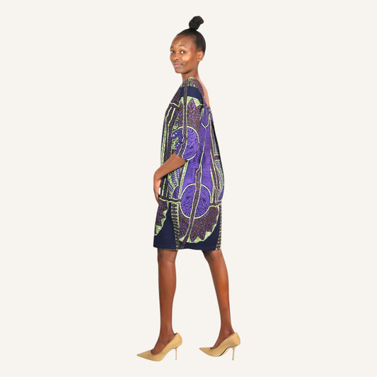 Pleated back dress with darts three quarter sleeves and square neckline