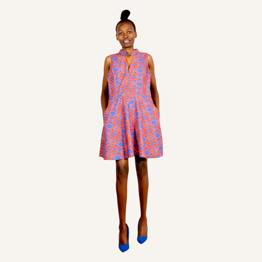 Printed sleeveless mali dress with chinese collar,v-neck and front zip