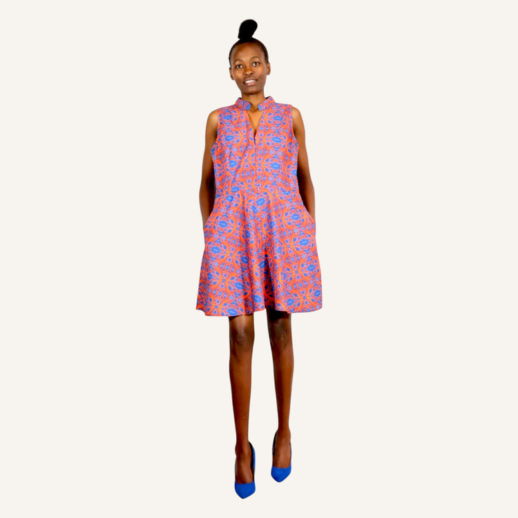 Printed sleeveless mali dress with chinese collar,v-neck and front zip