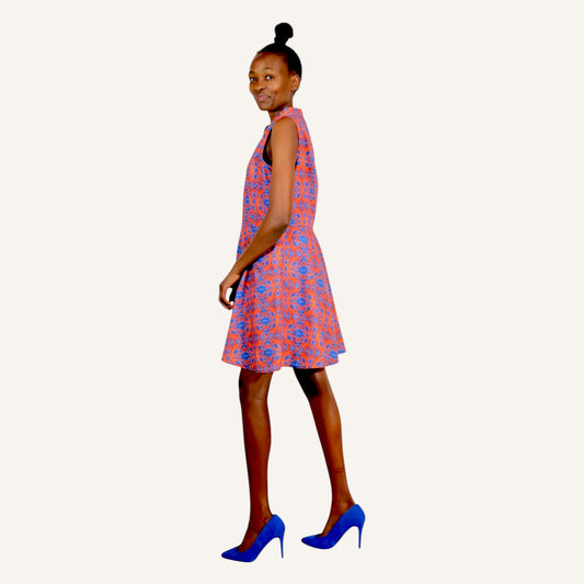 Printed sleeveless mali dress with chinese collar,v-neck and front zip