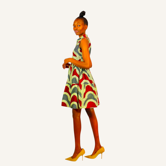Printed v-neck chinese collar sleeveless mali dress with back zip