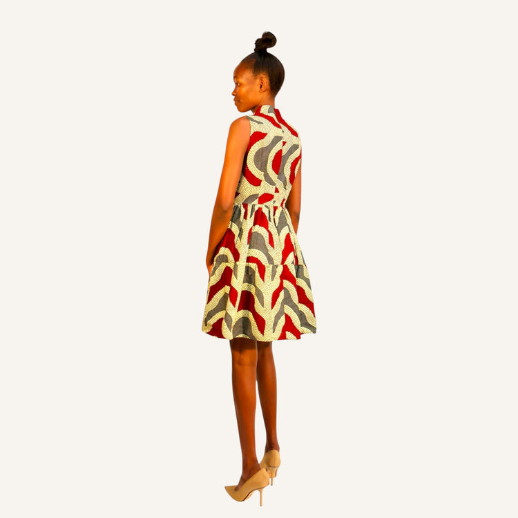 Printed v-neck chinese collar sleeveless mali dress with back zip