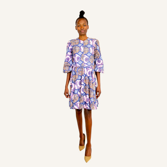 Printed mali dress with back opening,front zip elasticated balloon sleeves