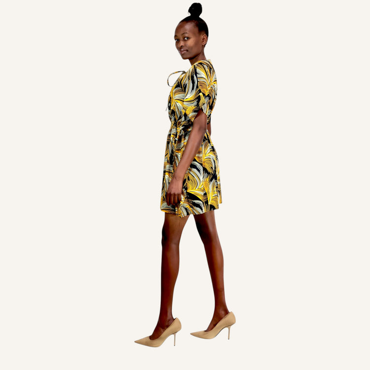 KAFTAN PRINT DRESS WITH V-NECK AND WAIST TIES