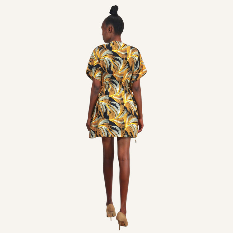 KAFTAN PRINT DRESS WITH V-NECK AND WAIST TIES