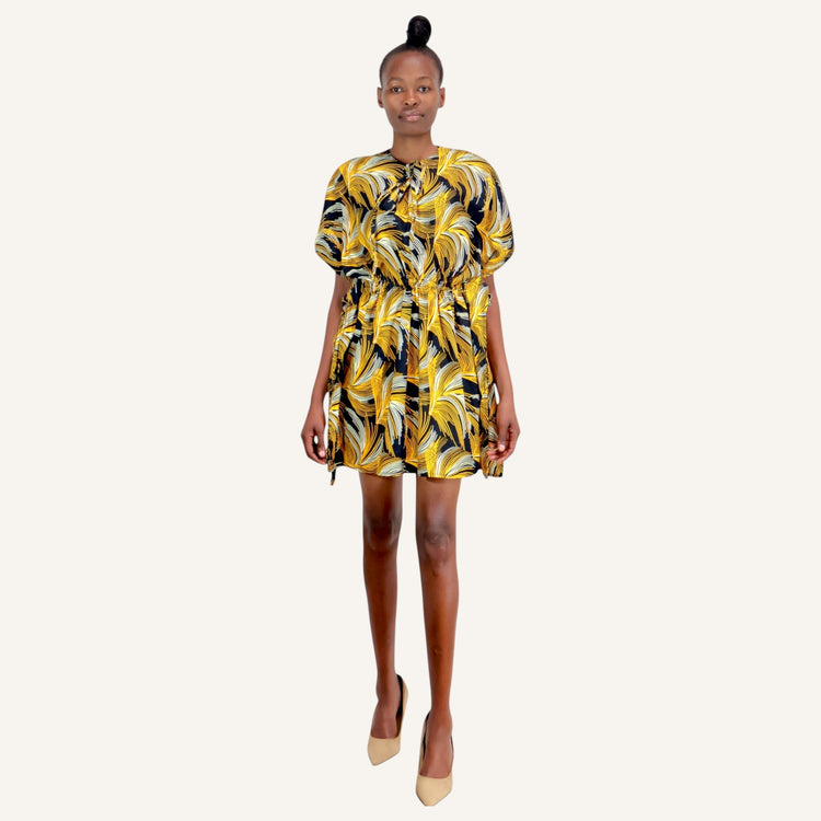 KAFTAN PRINT DRESS WITH V-NECK AND WAIST TIES