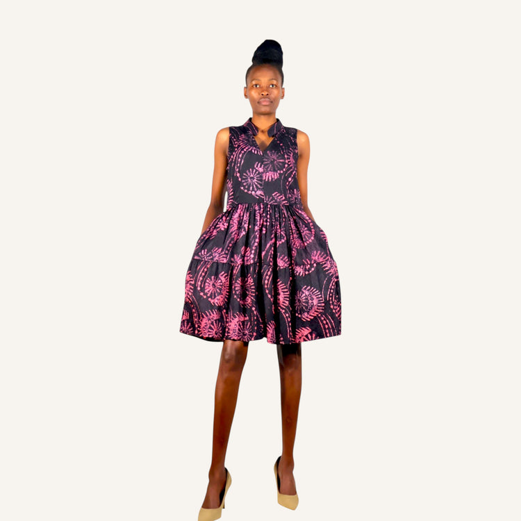 EYE PINK PRINT PEPLUMSLEEVELESS DRESS WITH V-NECK