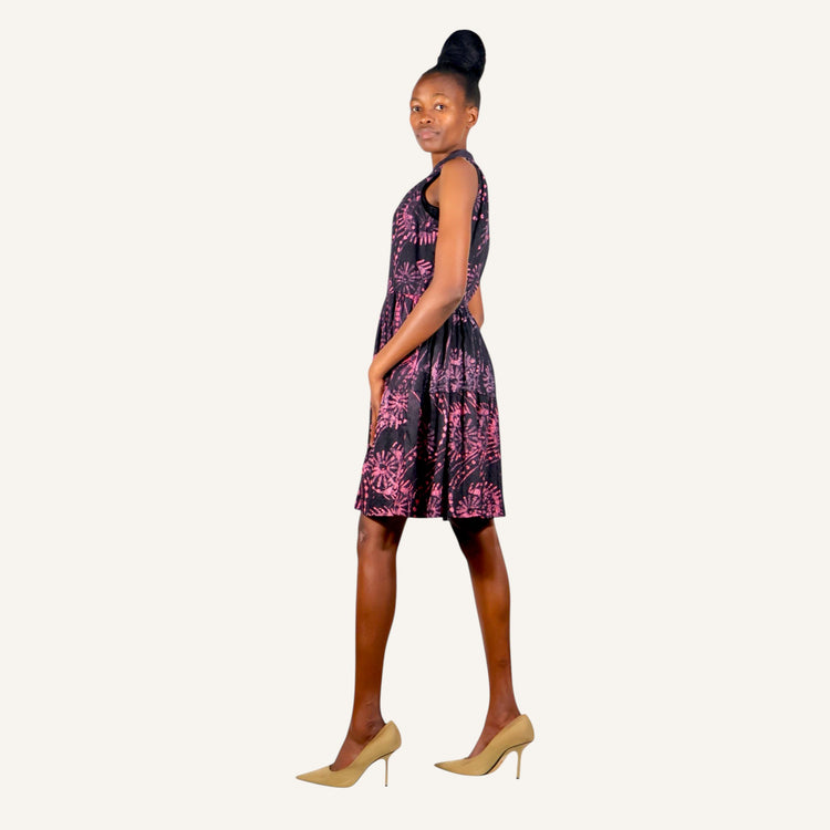 EYE PINK PRINT PEPLUMSLEEVELESS DRESS WITH V-NECK