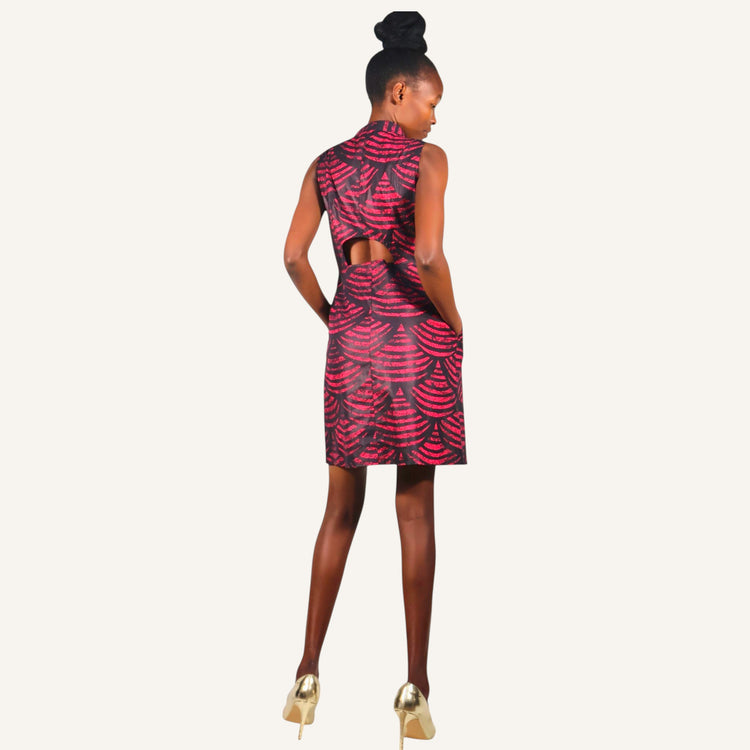RED SCALLOP PRINT PEPLUM SLEEVELESS DRESS WITH V-NECK