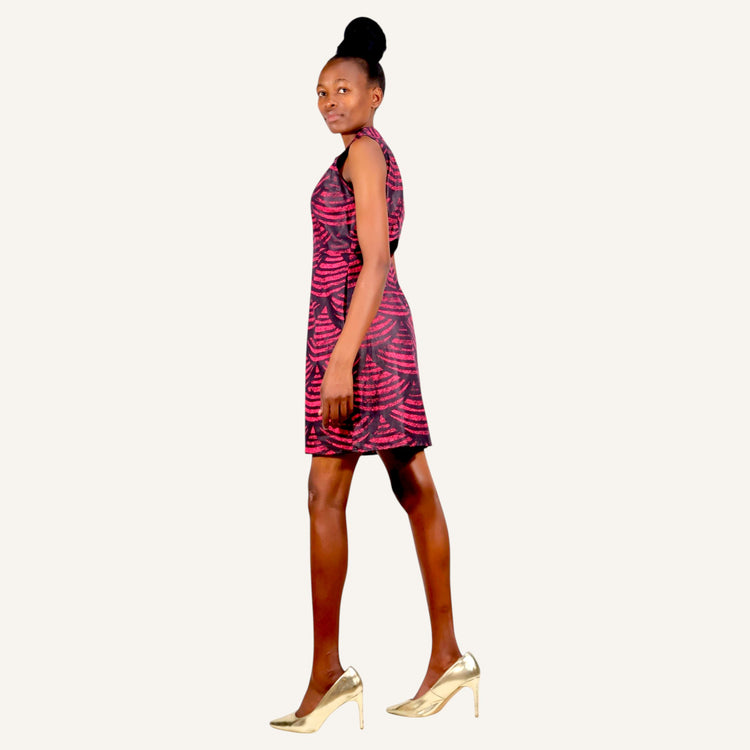 RED SCALLOP PRINT PEPLUM SLEEVELESS DRESS WITH V-NECK