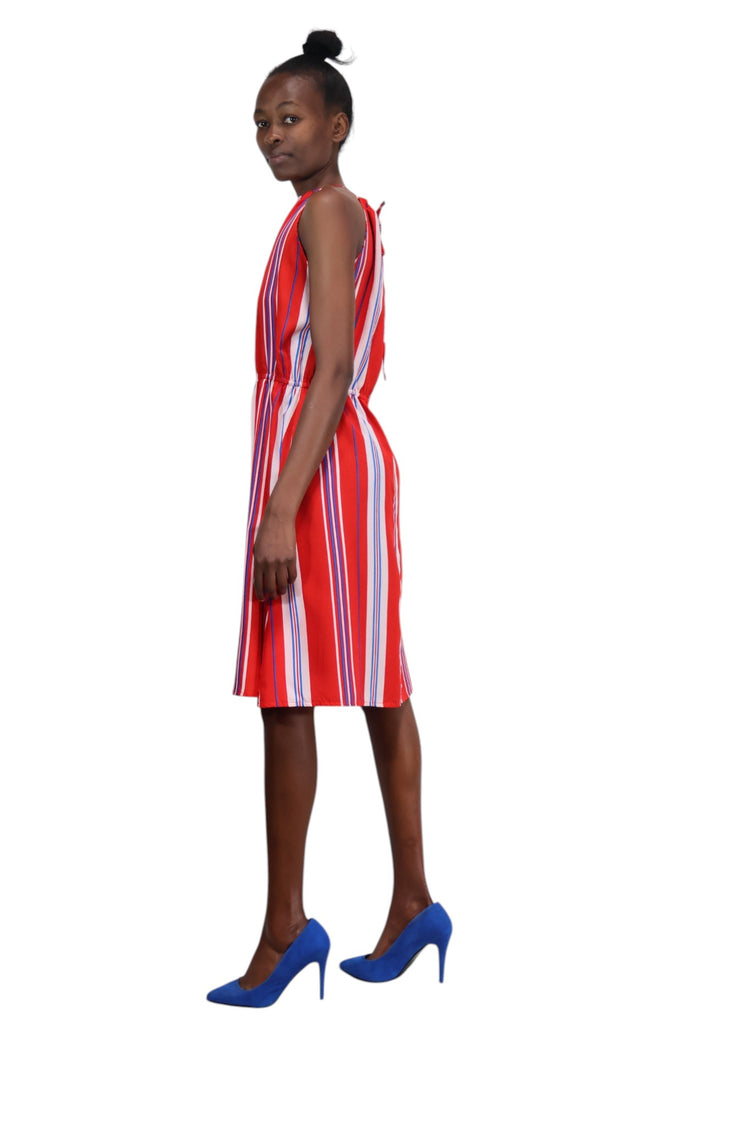 Stripped red knee length halter dress
