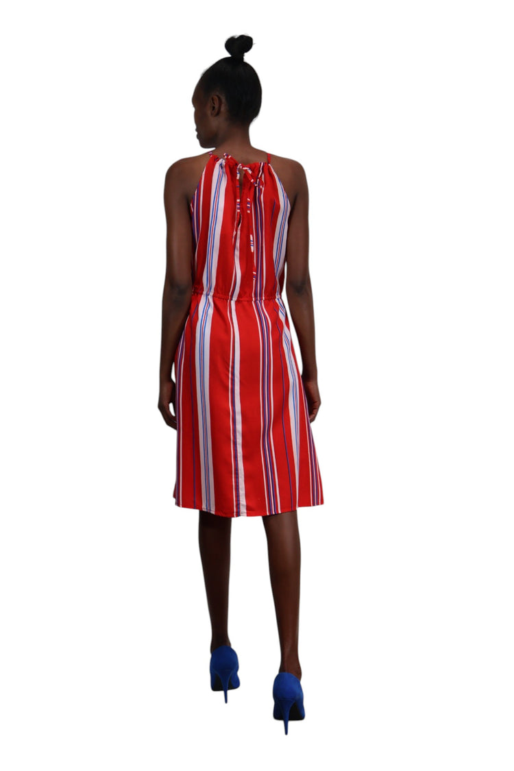 Stripped red knee length halter dress