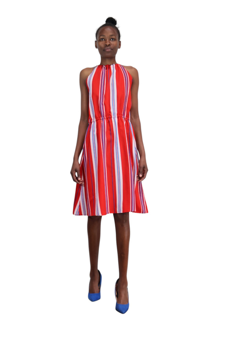 Stripped red knee length halter dress