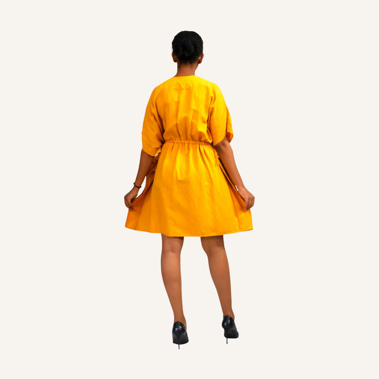 Yellow viscose linen kaftan dress with draw strings