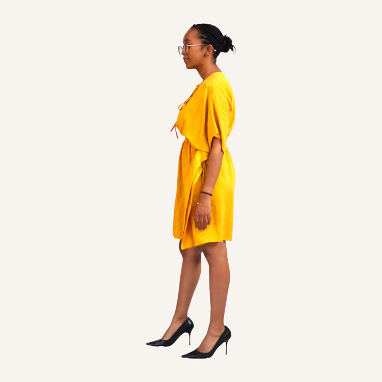 Yellow viscose linen kaftan dress with draw strings
