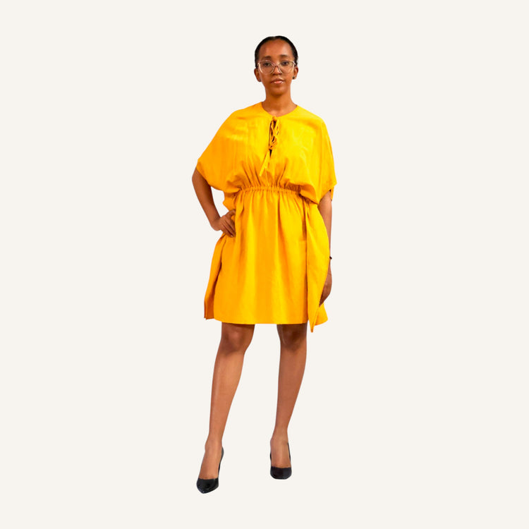 Yellow viscose linen kaftan dress with draw strings