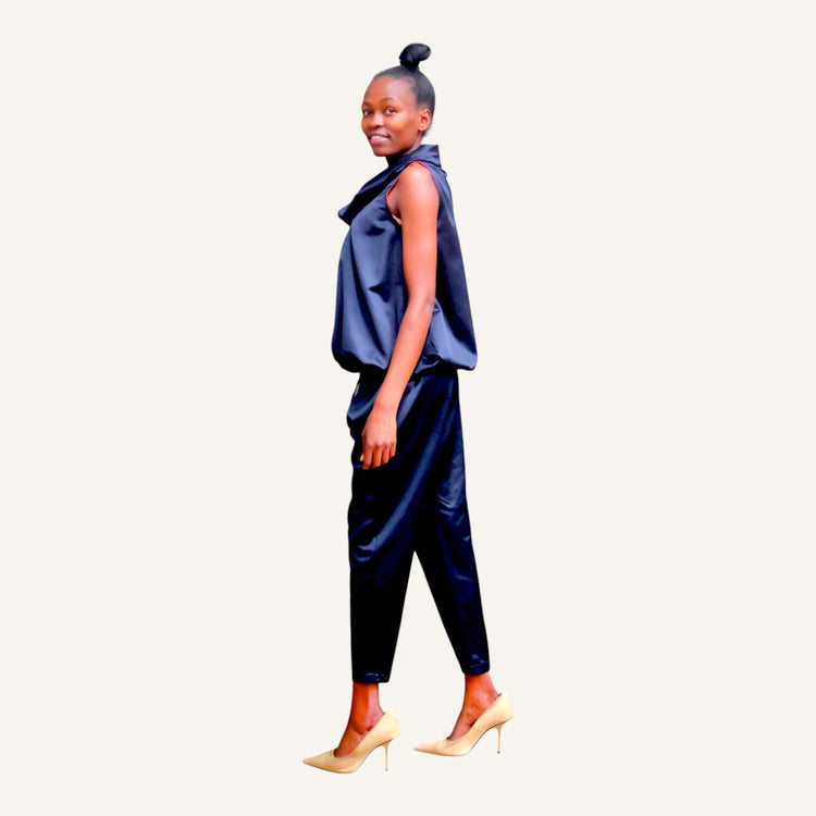 High black satin collar top with bottom elastic band