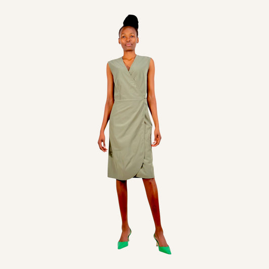 Sage green sleeveless knee length wrap dress