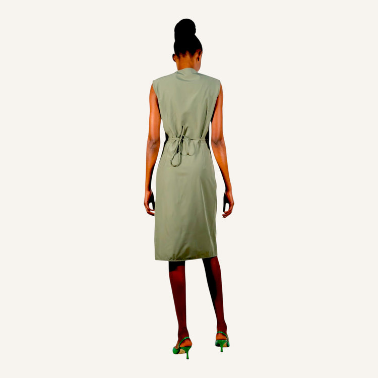 Sage green sleeveless knee length wrap dress