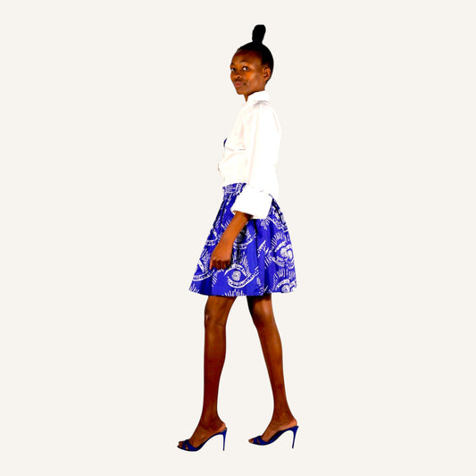 Blue eye print skirt with gathers, pockets and back zip
