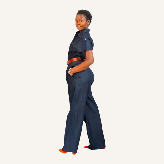 Long sleeved denim biker jumpsuit with Chinese collar and front button