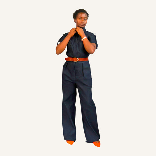 Long sleeved denim biker jumpsuit with Chinese collar and front button