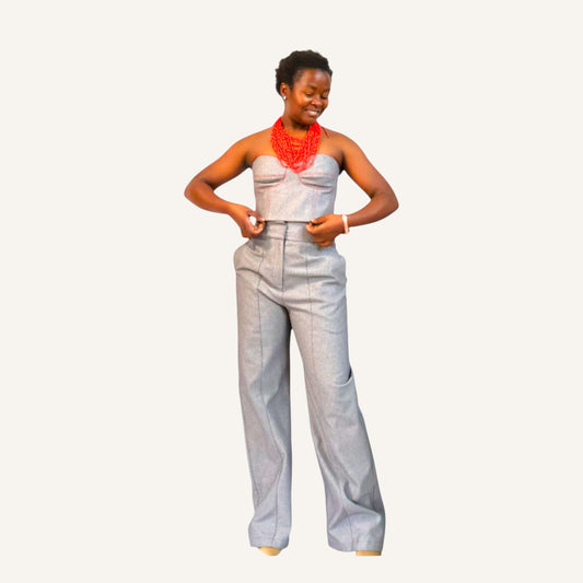 Birdseye wide leg high waist, pin tuck pants