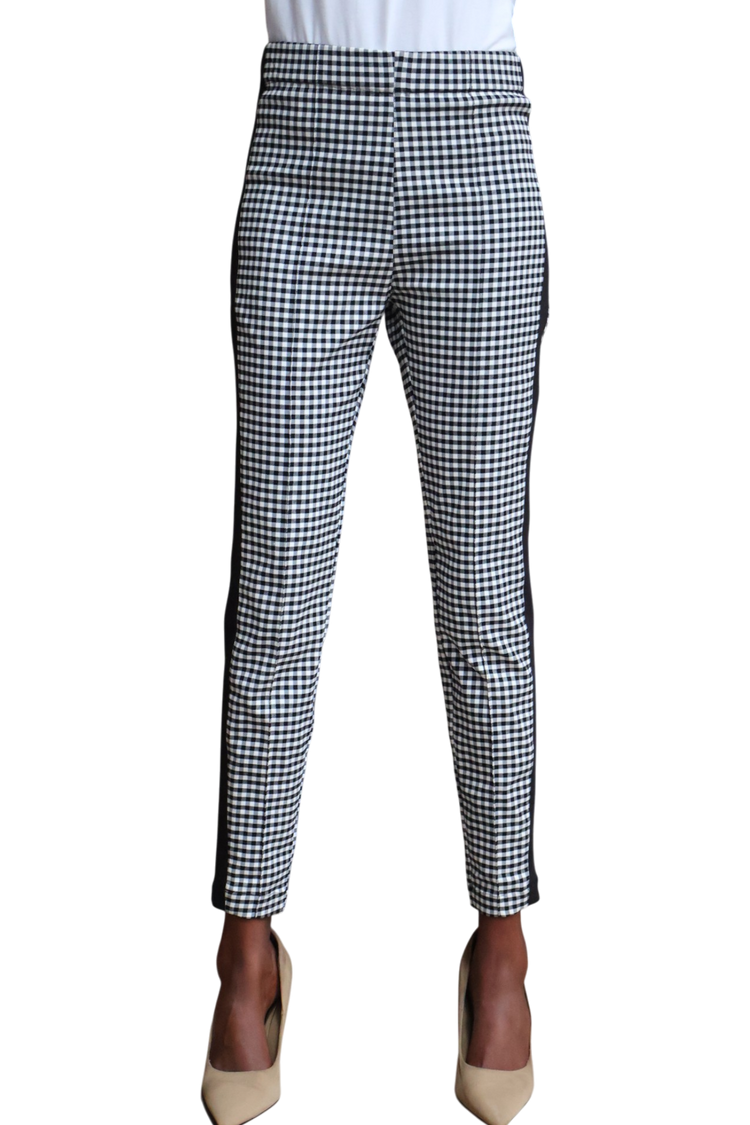Skinny leg pintuck pants with strip and elastic waist band