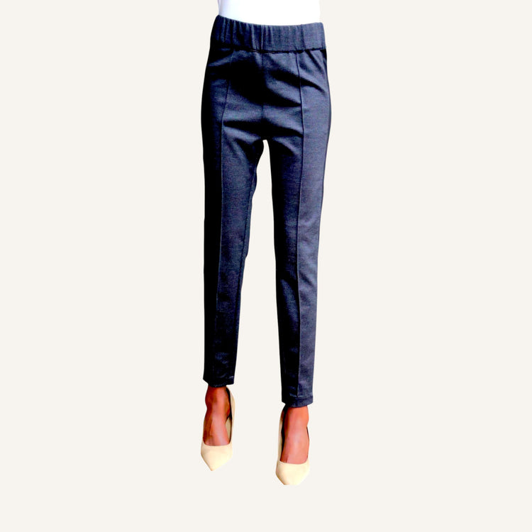 Skinny leg pin tuck pants with a strip and elastic band