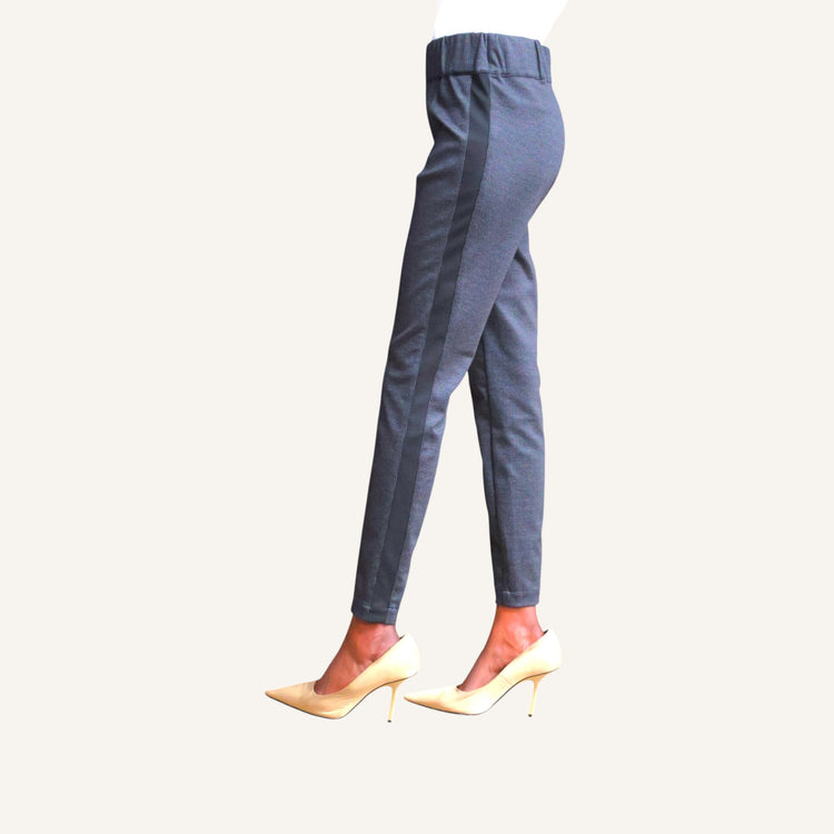 Skinny leg pin tuck pants with a strip and elastic band