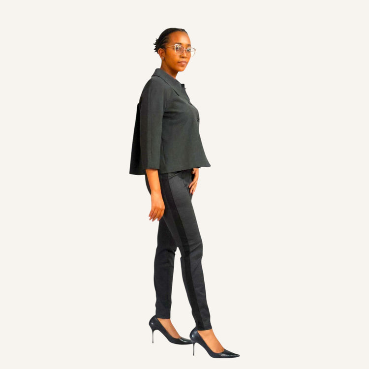 Skinny leg pin tuck pants with a strip and elastic band